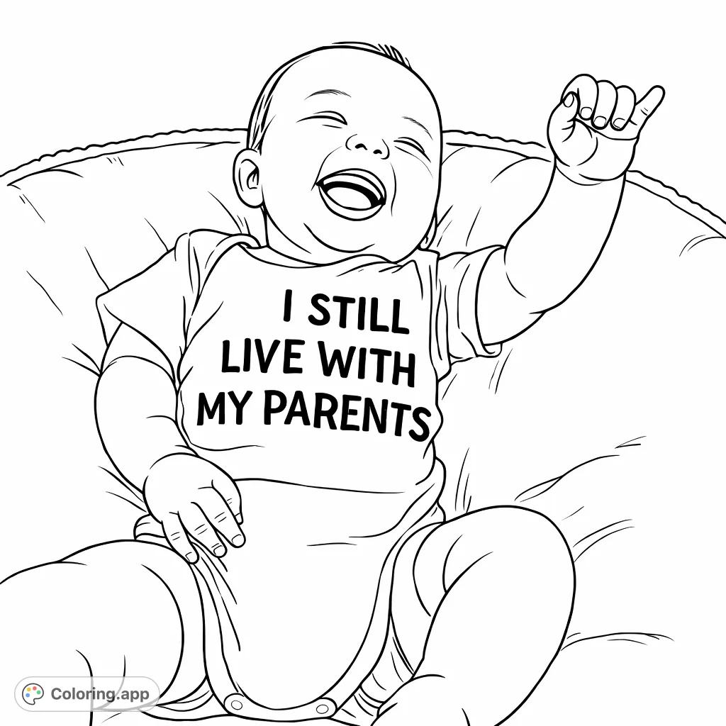 A cheerful baby in a playful bodysuit, laughing with eyes closed and arm raised. A simple and heartwarming scene perfect for young colorists to enjoy.