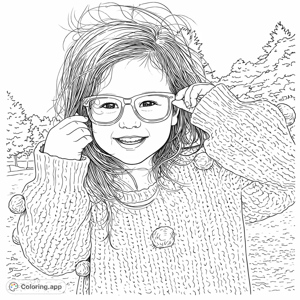 Capture the joyful expression of a child in glasses, wearing a cozy textured sweater with playful pom-poms, set against an outdoor backdrop.