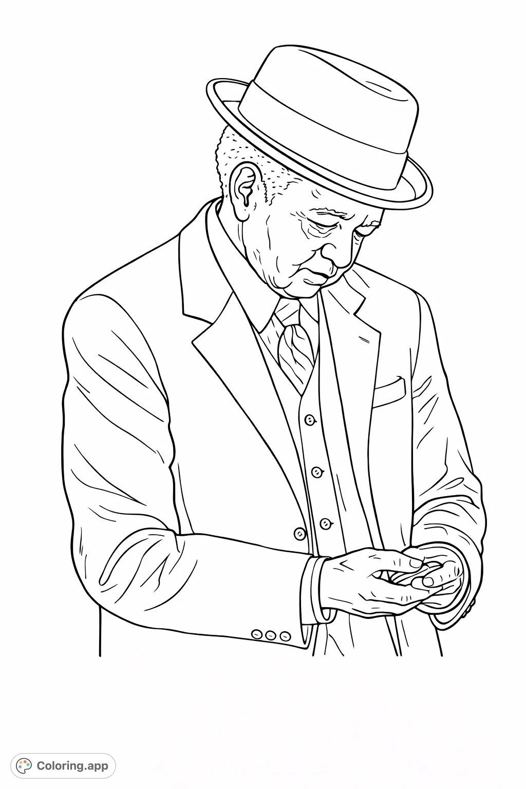 A contemplative older man in a fedora and suit, carefully holding a small object. A detailed portrait for mindful coloring and creative expression.
