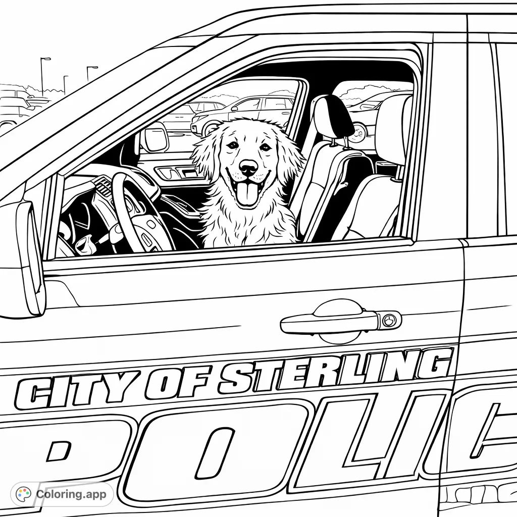 A friendly K9 officer joyfully looks out the window of a police vehicle, ready for adventure. Perfect for dog lovers and future community heroes!