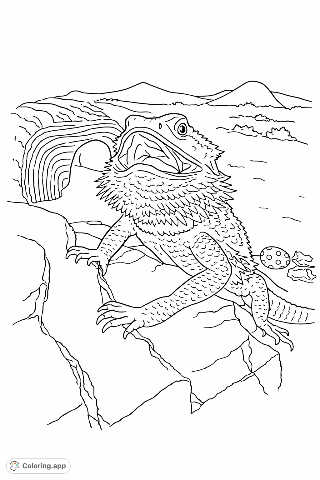 Discover a charming bearded dragon coloring page! This free printable features a happy lizard on a rock, perfect for kids.