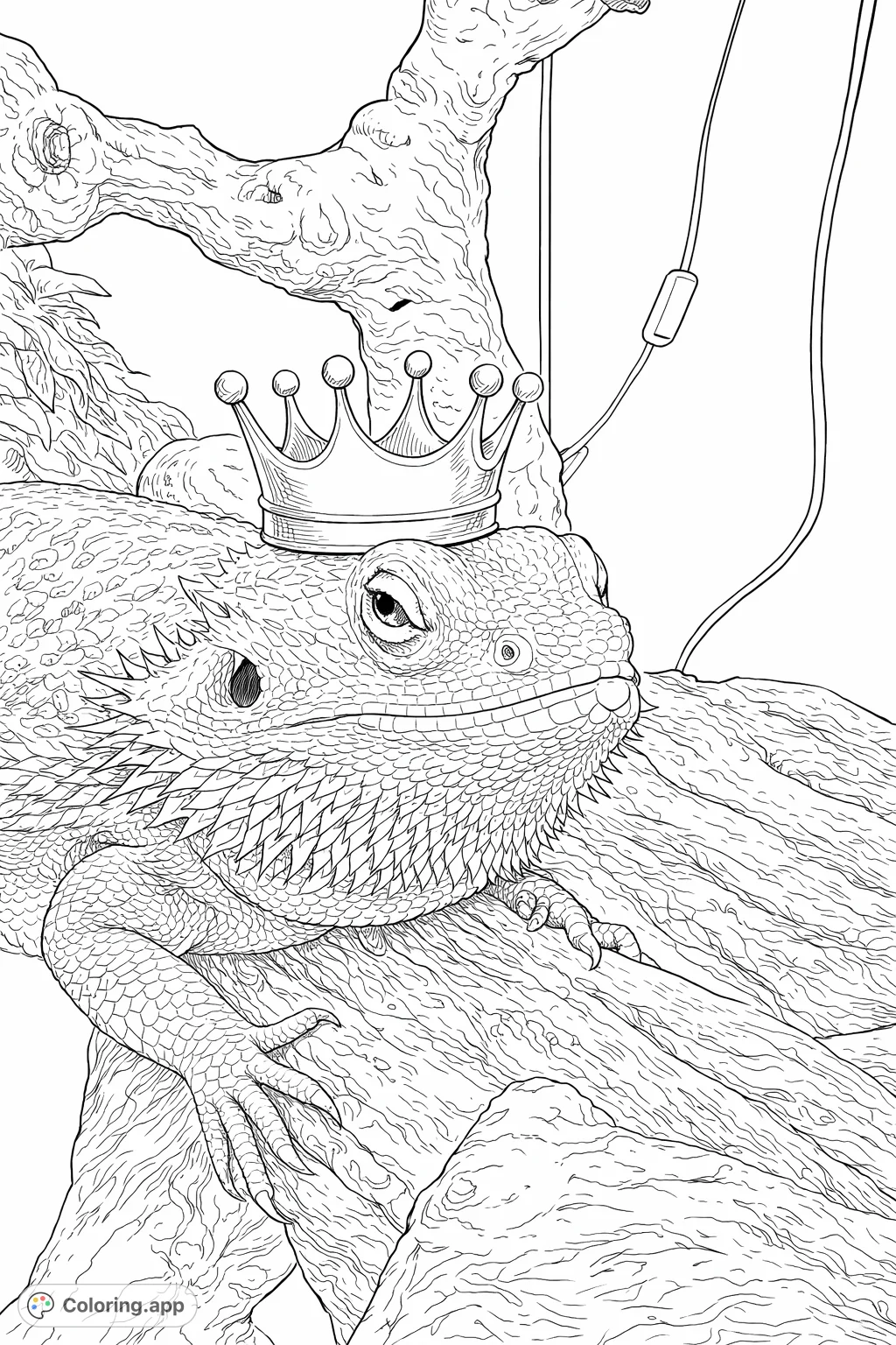 Color a majestic bearded dragon adorned with a tiny crown, resting on a rustic branch. This unique animal coloring page offers detailed scales and textures.
