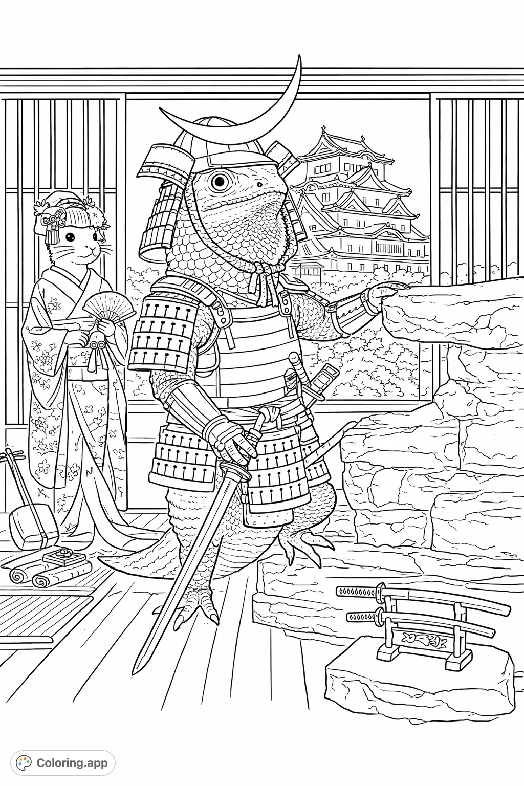 An engaging samurai lizard and a companion in traditional Japanese attire, set against a classic castle backdrop. A charming, free printable coloring page.