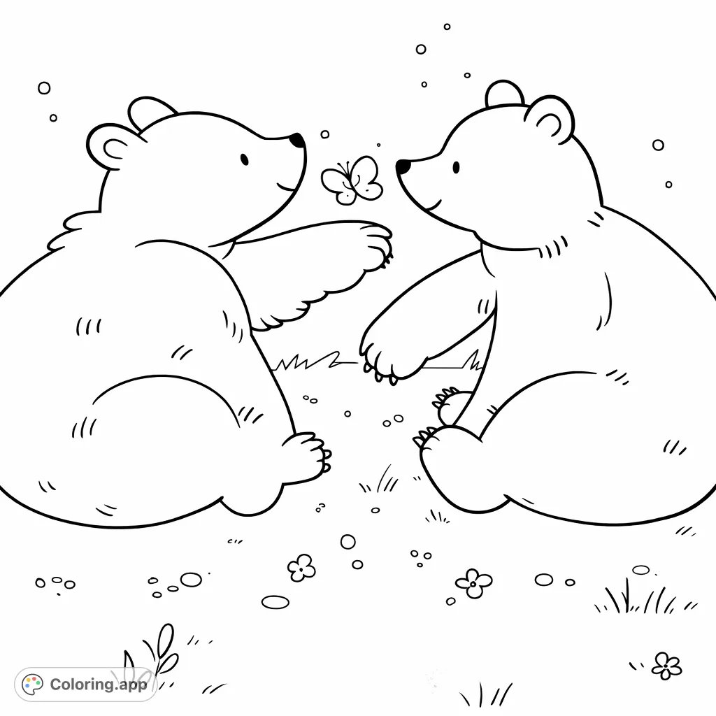 Two charming bears share a peaceful moment with a delicate butterfly in a whimsical meadow. Perfect for all ages, this scene invites creativity and gentle coloring.