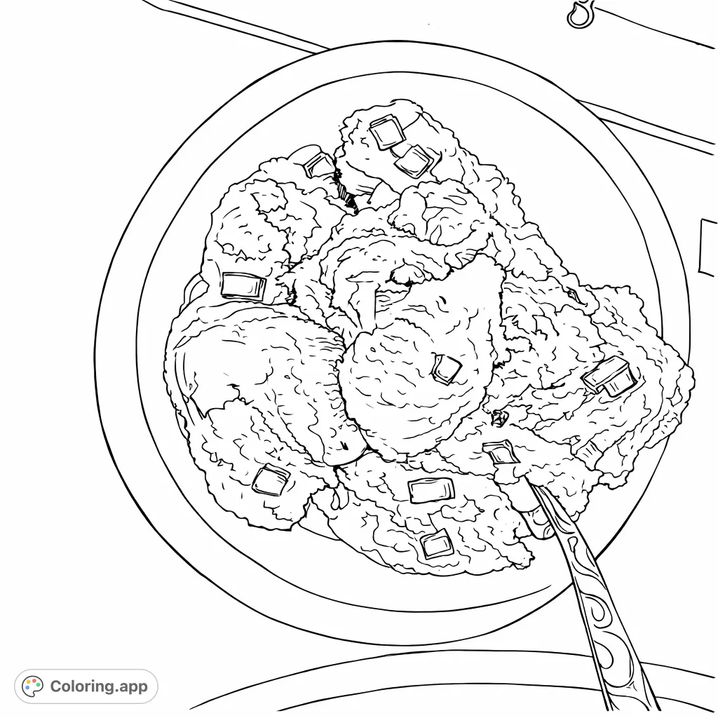 A delightful coloring page featuring multiple scoops of a textured dessert sprinkled with small inclusions in a round bowl, with a spoon ready for enjoyment.