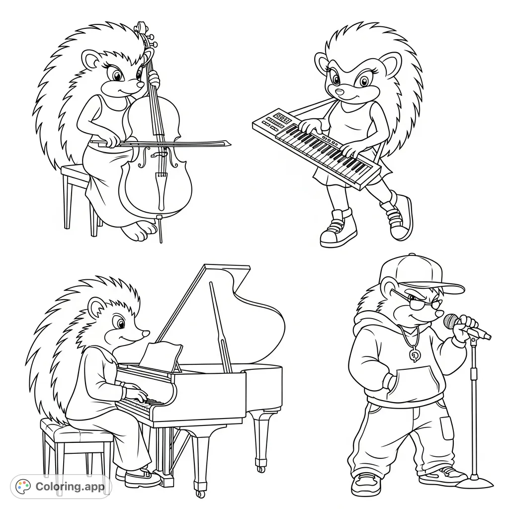 Explore a unique musical hedgehogs coloring page featuring four talented hedgehogs playing cello, piano, keyboard, and singing hip-hop!