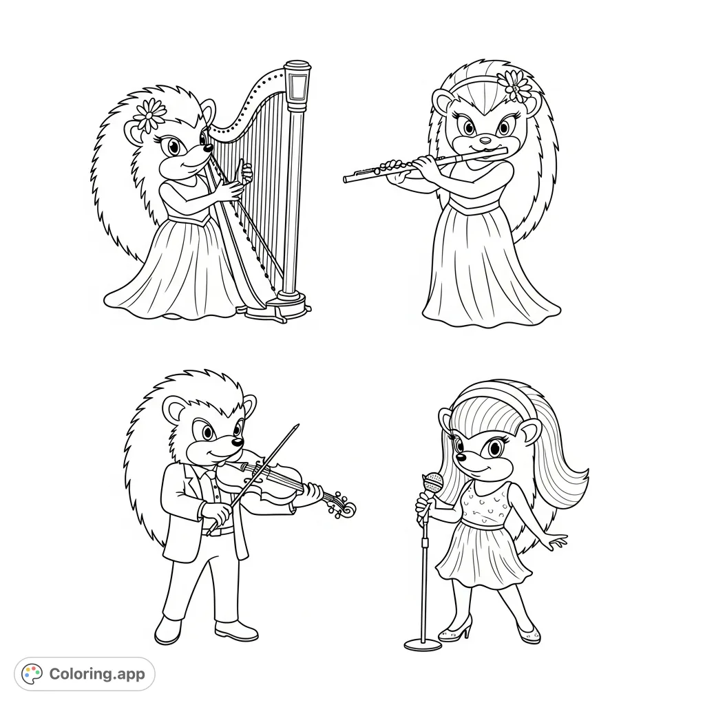 Discover a charming musical hedgehog quartet, each playing an instrument in their corner. A delightful and detailed free printable hedgehog coloring page for all ages!