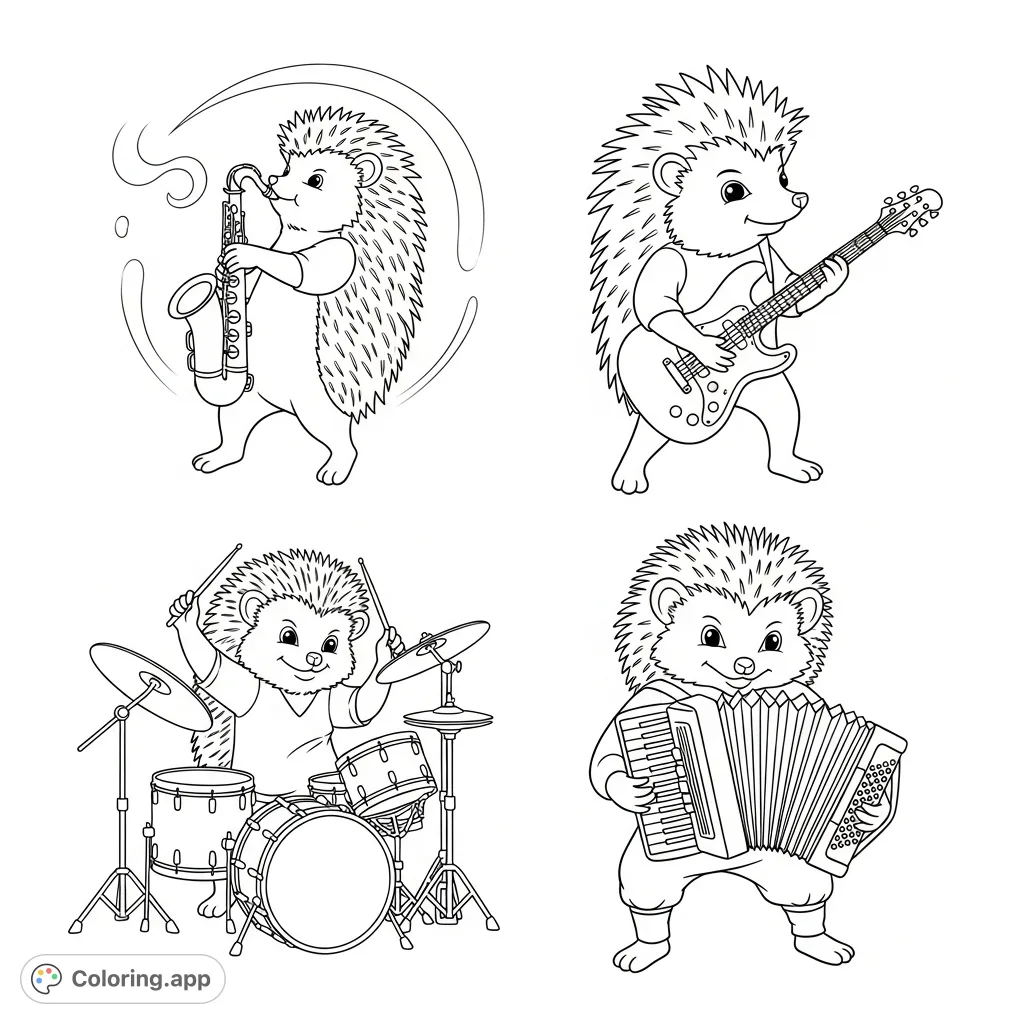Four charming hedgehogs showcase diverse musical genres—jazz, rock, and folk—each in their own panel, ready for a symphony of colors.
