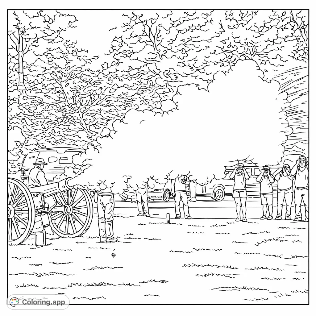 Experience the dramatic spectacle of a cannon firing, with a massive smoke cloud and scattered sparks, as observers witness the historical reenactment.