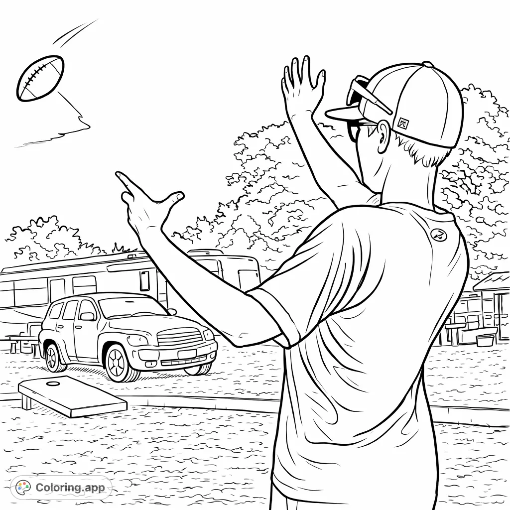 A fun outdoor scene with a child playing a beanbag toss game. Features a young person, a flying beanbag, a cornhole board, and vehicles in the background.