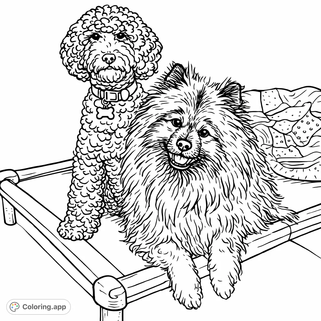A delightful scene featuring two charming canine companions relaxing together on a cozy dog bed, ready for your creative touch. A heartwarming pet coloring page.