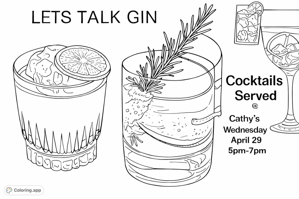 Explore a collection of elegant cocktail glasses, each filled with unique garnishes like citrus, cucumber, and rosemary. Perfect for a relaxing and detailed coloring experience.