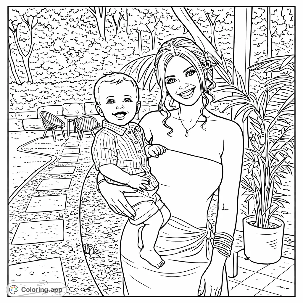 A heartwarming cartoony coloring page featuring a smiling woman embracing a happy baby in a detailed garden setting. Perfect for family fun.