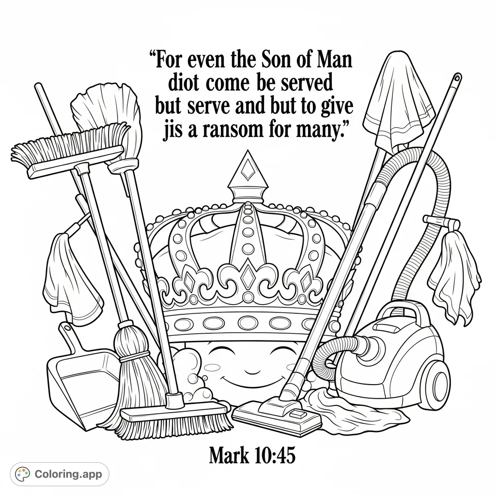 A unique coloring page illustrating the profound message of service and humility with a crown surrounded by cleaning tools and an inspiring Bible verse.