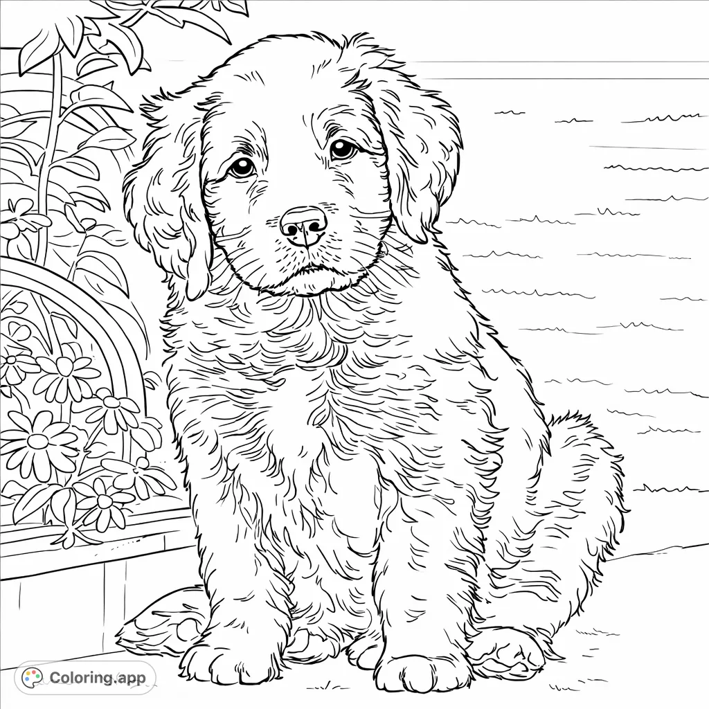 An adorable fluffy puppy sits attentively, featuring a distinct chest patch. Perfect for animal lovers of all ages to color.