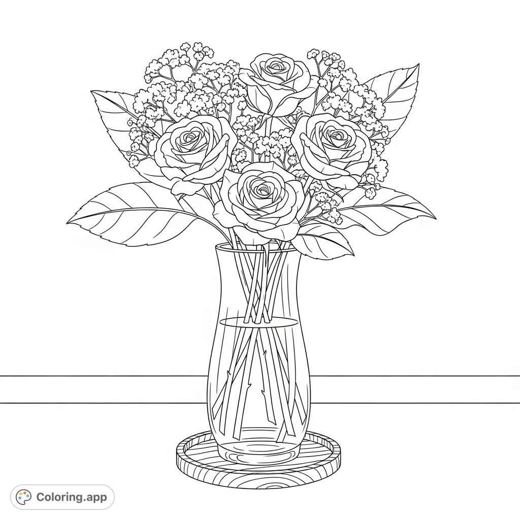 An elegant glass vase cradles a charming bouquet of roses and baby's breath, presented on a wooden coaster. A serene floral coloring page perfect for relaxation.