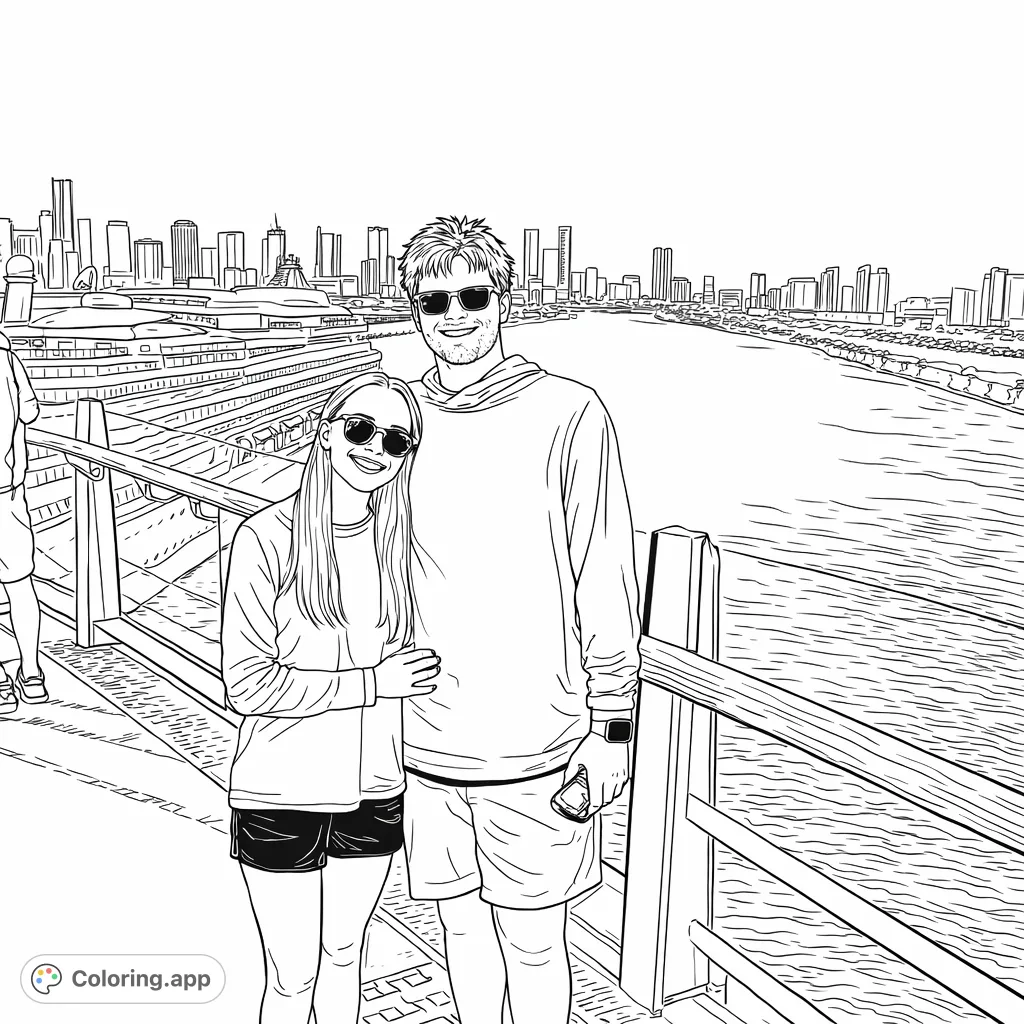 A couple smiles on a cruise ship deck with a vibrant cityscape and vast waterway in the distance. A detailed cruise ship coloring page.