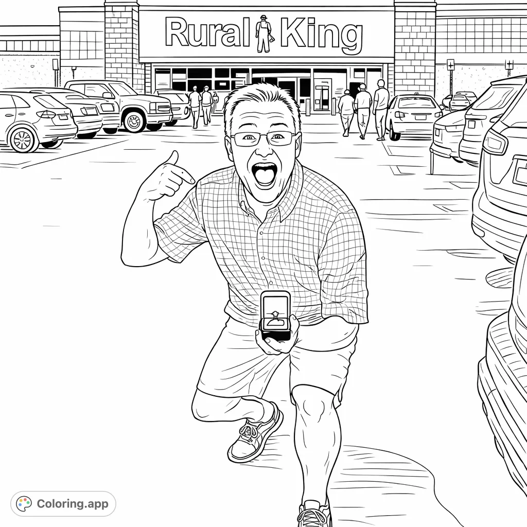 Capture the joy of a surprise proposal in a bustling parking lot! This exciting scene features a kneeling man with a ring, ready for your creative touch.