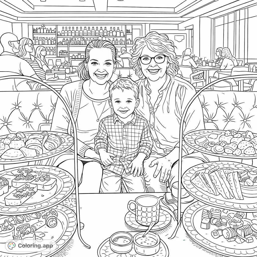 A charming scene of a family enjoying an elegant afternoon tea with delectable treats and warm smiles in a sophisticated setting.