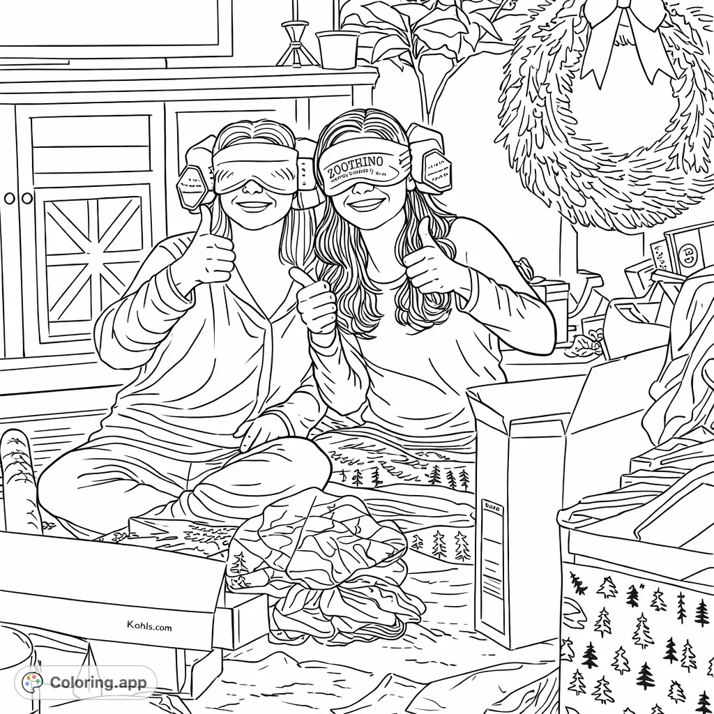 Two cheerful friends celebrate gift opening in cozy pajamas, giving thumbs up with fun eye masks. Perfect for festive fun and relaxation!