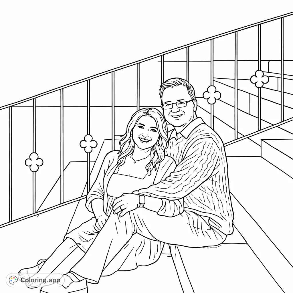 Capture a heartwarming moment with this loving couple seated on steps. Personalize their outfits and the scenic backdrop with your favorite shades.
