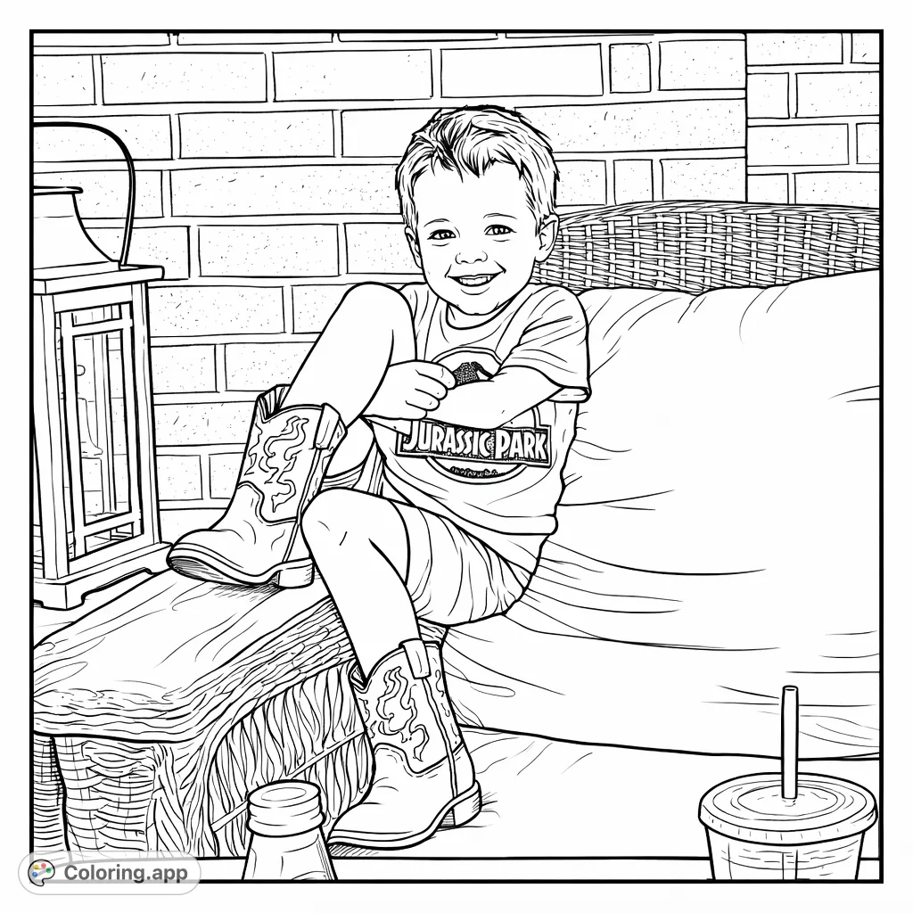 A delightful coloring page featuring a smiling child in cowboy boots and a fun graphic tee, sitting on a wicker couch against a brick wall. Perfect for all ages!
