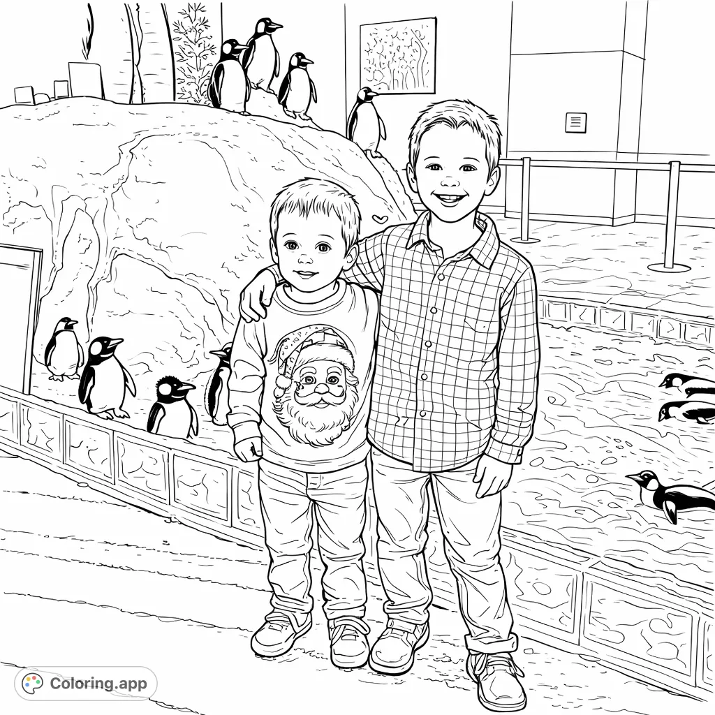 Two happy boys pose with a charming winter wonderland display featuring snowy hills, decorative ice blocks, and playful penguin figures. A festive, heartwarming scene.