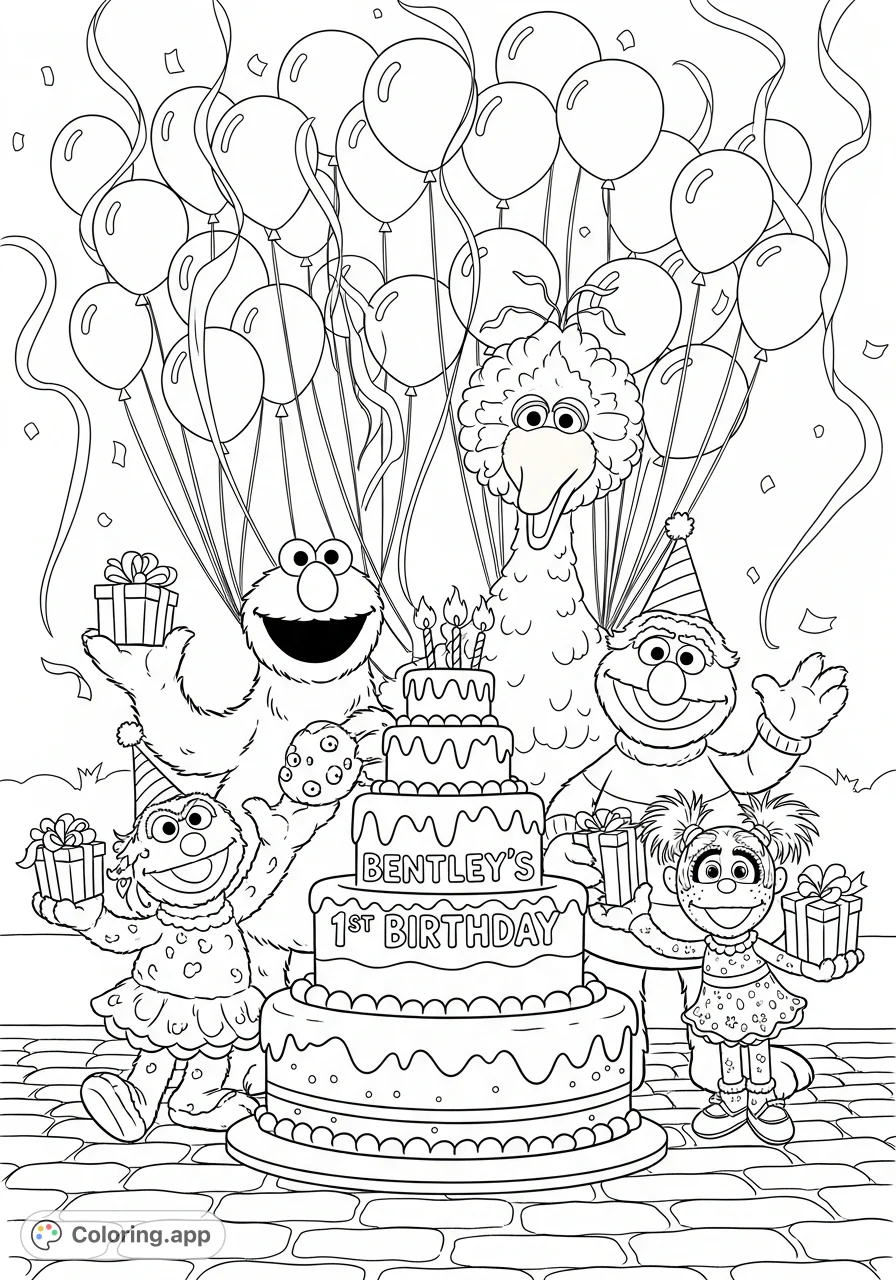 Celebrate Bentley's 1st birthday with Elmo, Cookie Monster, Big Bird, and friends around a festive cake. A joyful Sesame Street scene for little ones.