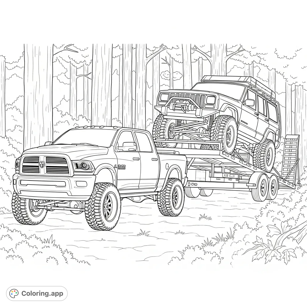 Detailed off-road scene featuring a lifted 2016 Dodge Ram 2500 towing a 1996 Jeep Cherokee XJ on a trailer through a forest. Great for vehicle enthusiasts.