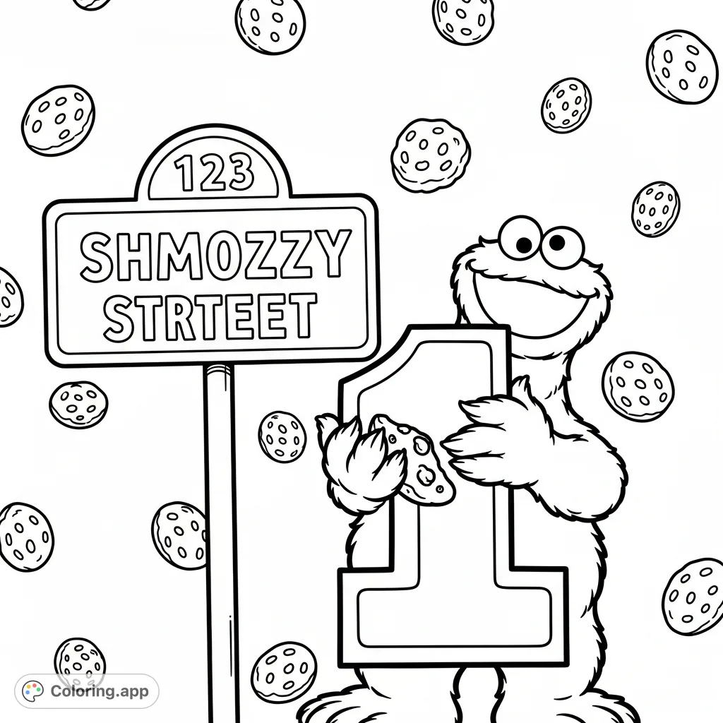 Join Cookie Monster holding a bold numeral '1' next to a 'SHMOZZY STREET' sign with '123' on top. A fun, educational coloring page for kids!