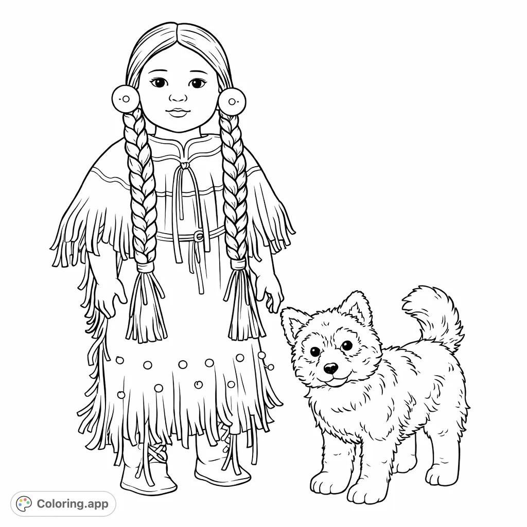 A charming traditional doll in fringed attire, accompanied by a loyal wolf cub. Perfect for exploring cultural patterns and textures.