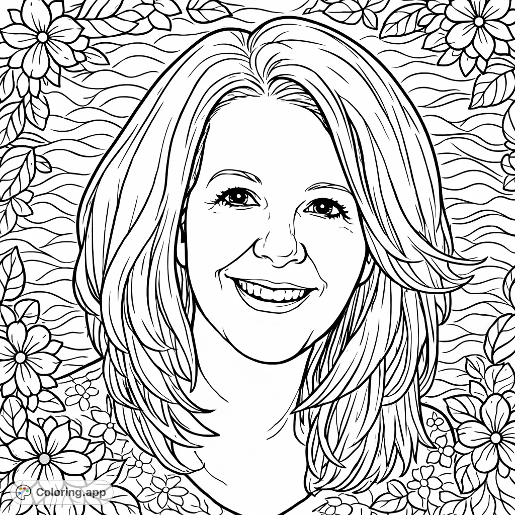 Color a happy woman with a radiant smile and flowing hair, set against a background with decorative floral borders and a wave pattern.