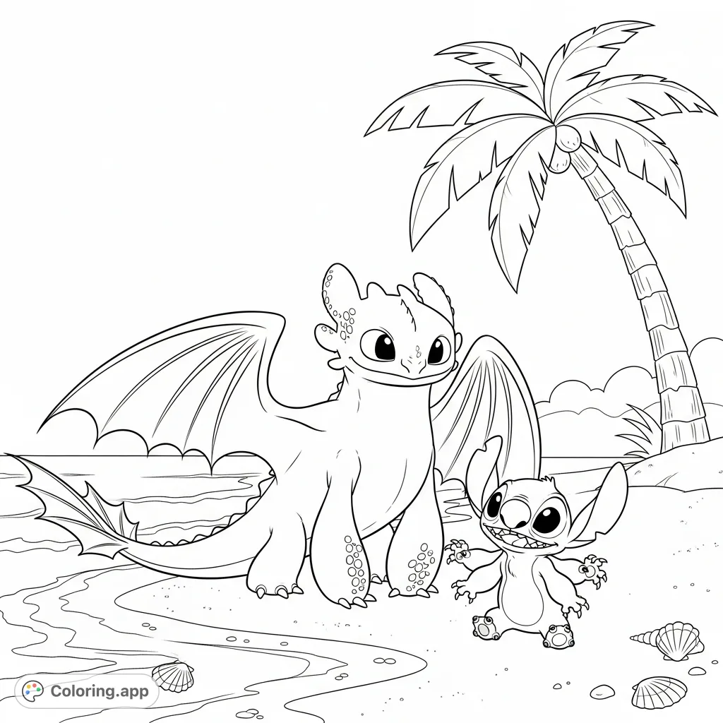 A delightful Toothless and Stitch coloring page featuring the beloved characters enjoying a playful moment on a sunny beach with waves and palm trees.