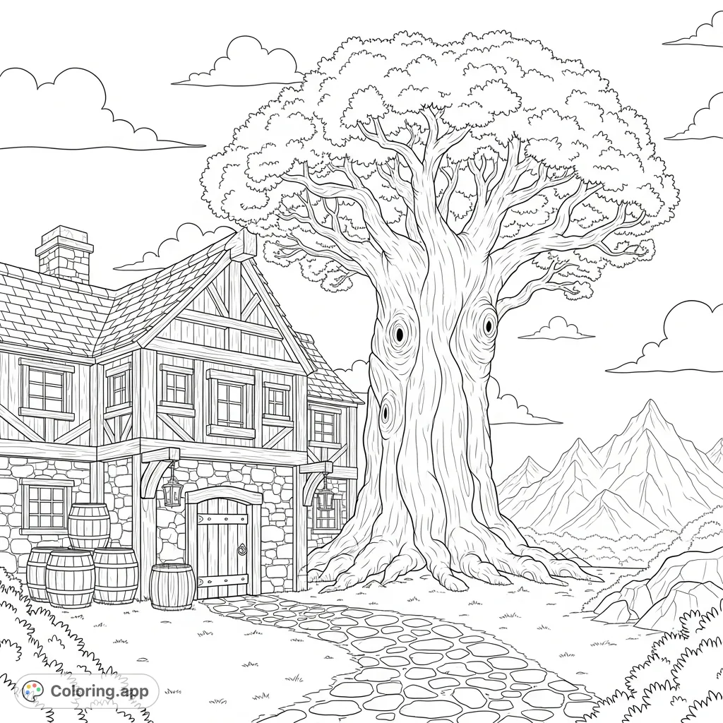Journey to a fantasy realm with this detailed coloring page featuring a rustic tavern, an ancient tree, and majestic mountains under an expansive sky.