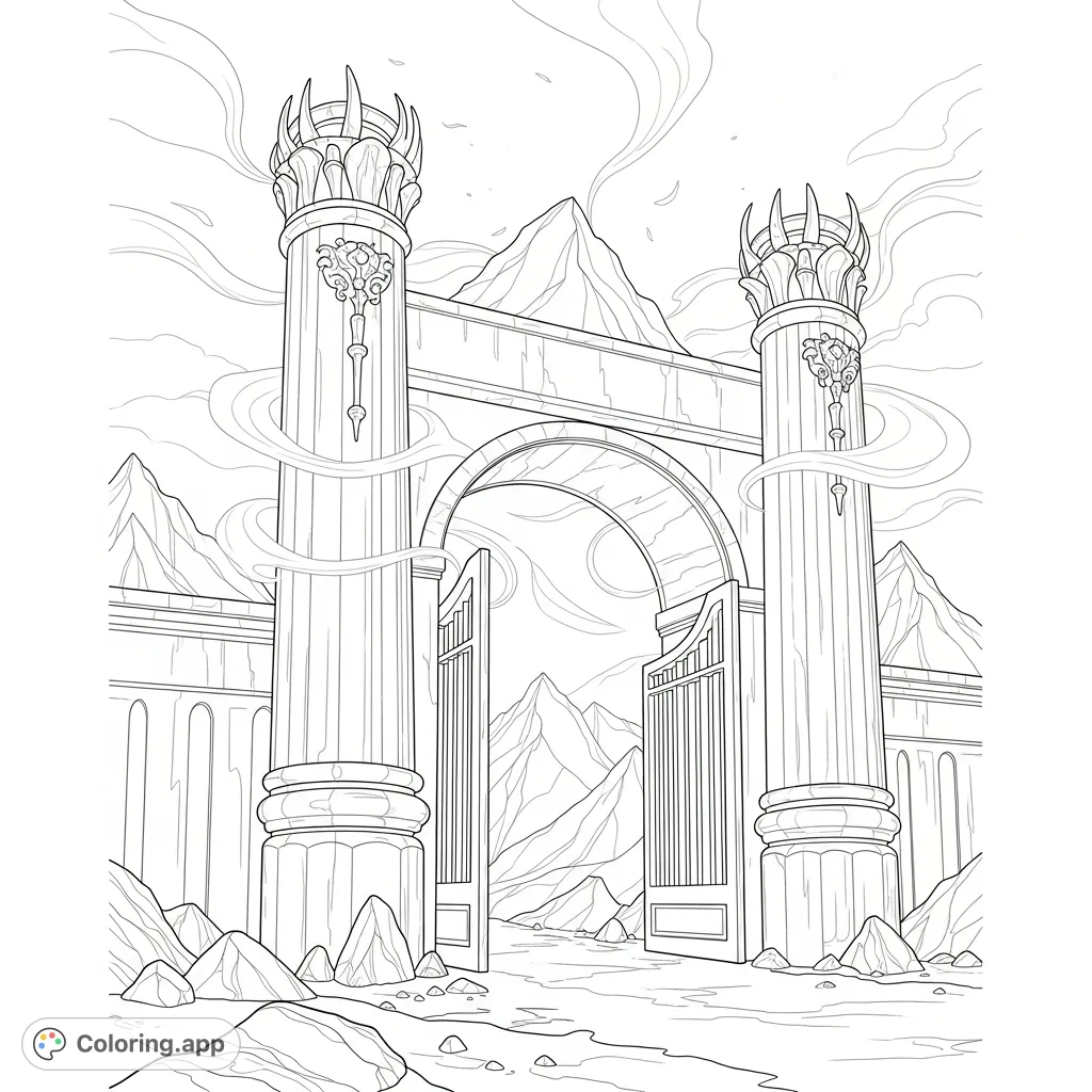 Unleash your imagination on colossal gates with intricate carvings, ethereal energy, and majestic distant mountains. A fantastical architectural adventure!
