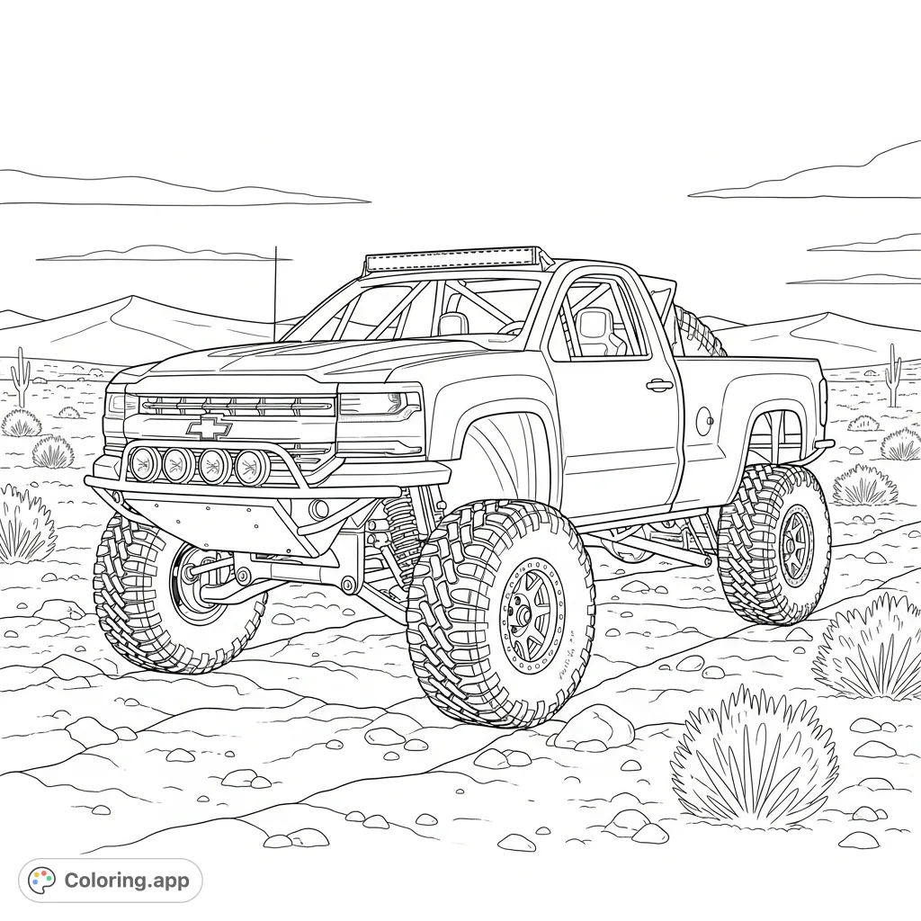 Dive into the detailed world of off-road vehicles with this 2017 Silverado prerunner coloring page. Features aggressive stance, roll cage, and powerful suspension.