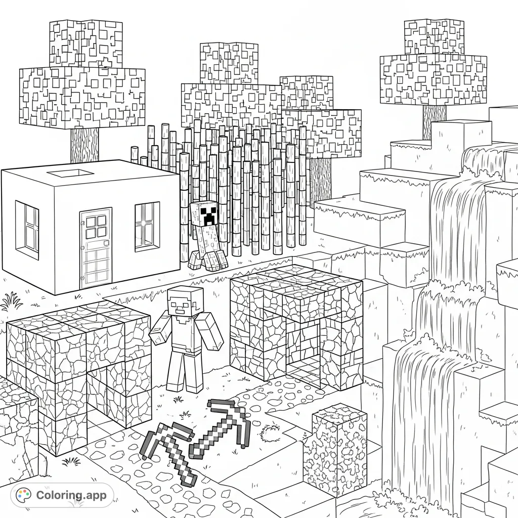 Explore a pixelated Minecraft world filled with iconic block structures, characters like Steve and a Creeper, diverse terrain, and scattered tools. Perfect for fans!