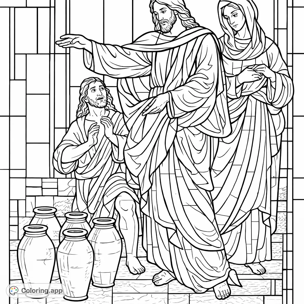 A powerful biblical scene featuring three robed figures and several large vessels, reminiscent of a stained glass artwork. Perfect for reflective coloring.