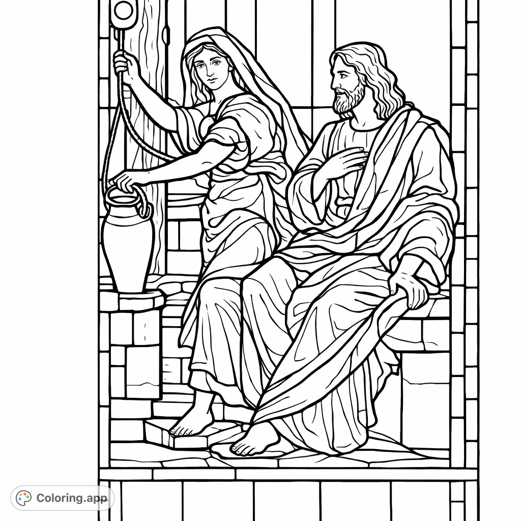 This devotional coloring page features a woman drawing water from a well as a man sits nearby, surrounded by stained glass patterns, inviting spiritual reflection.
