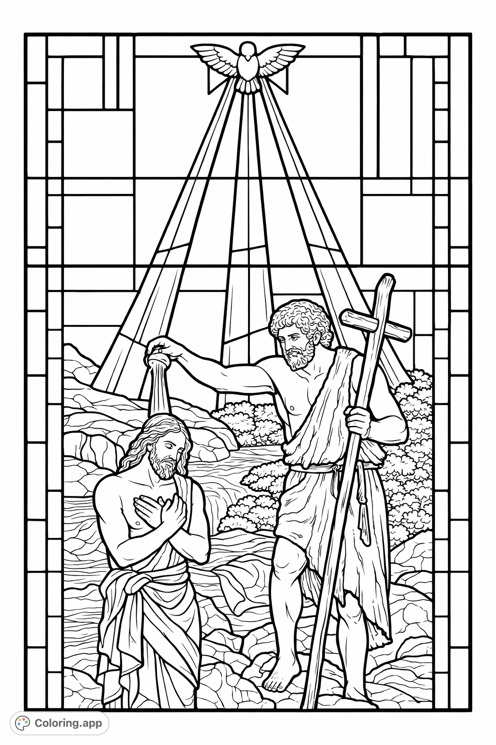 Color a profound religious scene depicting a baptism in a flowing river, with a dove and radiant light above. A spiritual journey for all ages.