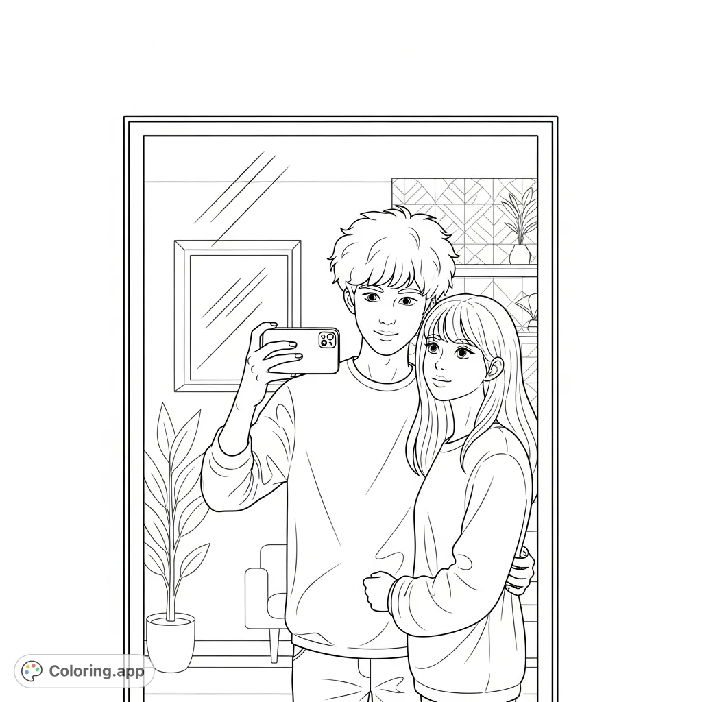 Capture a modern moment with this realistic couple mirror pic coloring page. Personalize outfits, hair, and the cozy room setting.