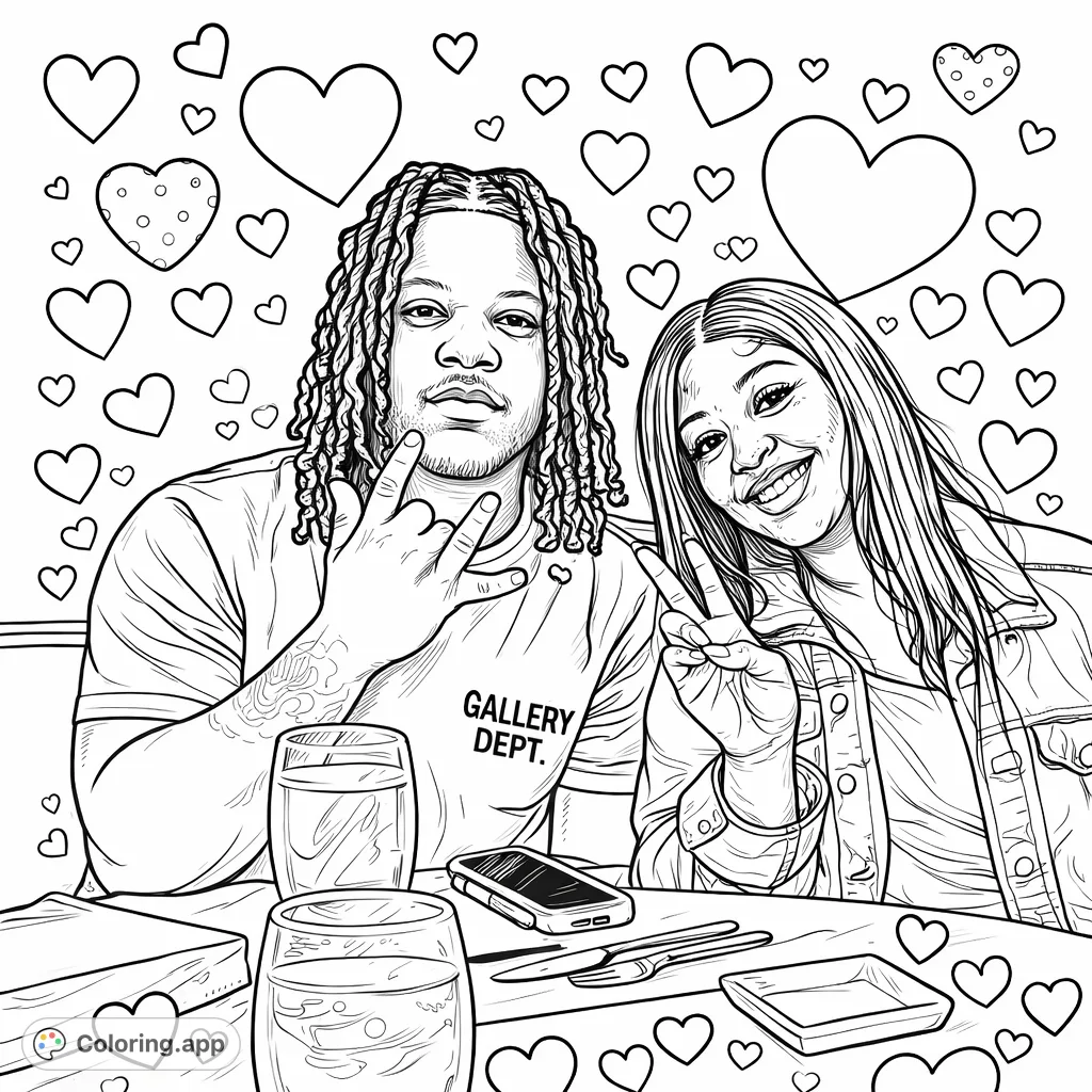 Celebrate love with this heartwarming Valentine's coloring page. A couple shares a special dining moment, perfect for expressing affection and creative joy.