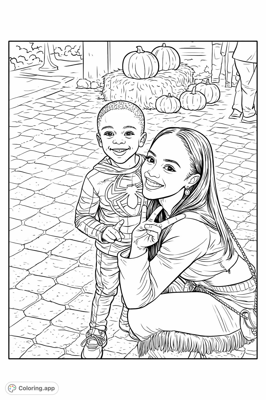 A heartwarming family coloring page featuring a mother and child posing cheerfully amidst festive autumn decorations. Perfect for creative fun!