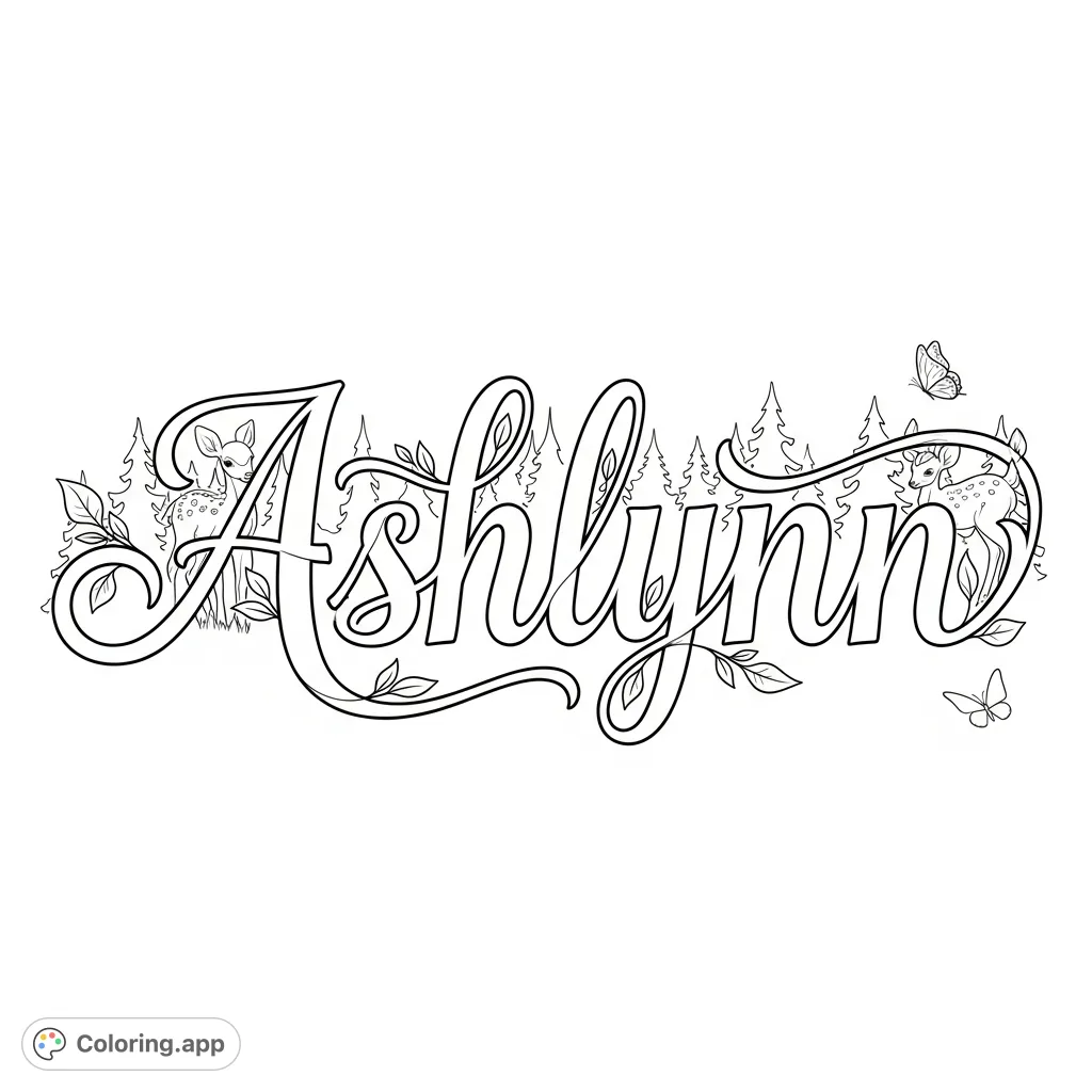 A beautiful Ashlynn coloring page featuring the name in an elegant, feminine script with decorative flourishes, perfect for personalized art and relaxation.