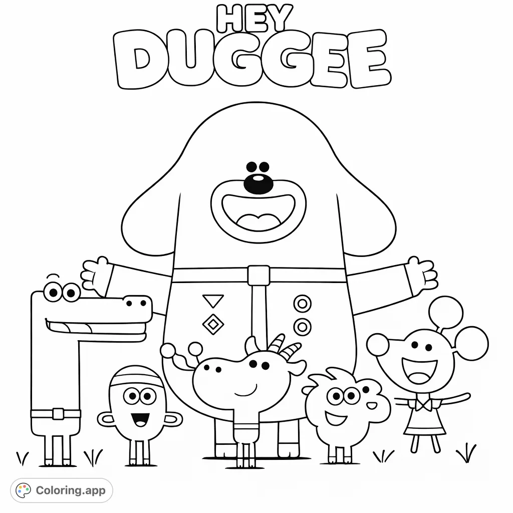Join Duggee and his Squirrel friends in this delightful coloring page. Featuring the beloved characters, it's perfect for young fans to bring to life.