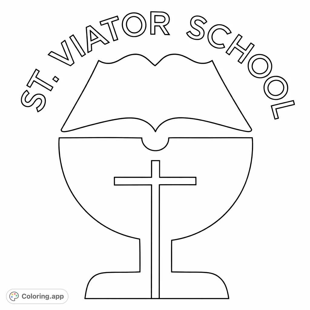 A symbolic school emblem featuring an open book and a chalice with a cross. Ideal for exploring themes of education and faith through coloring.