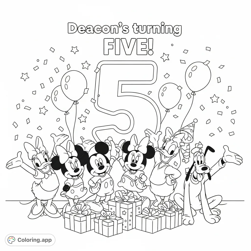 Join Mickey, Minnie, and friends in a joyful birthday celebration for Deacon's fifth year! This free printable birthday coloring page is perfect for all ages.