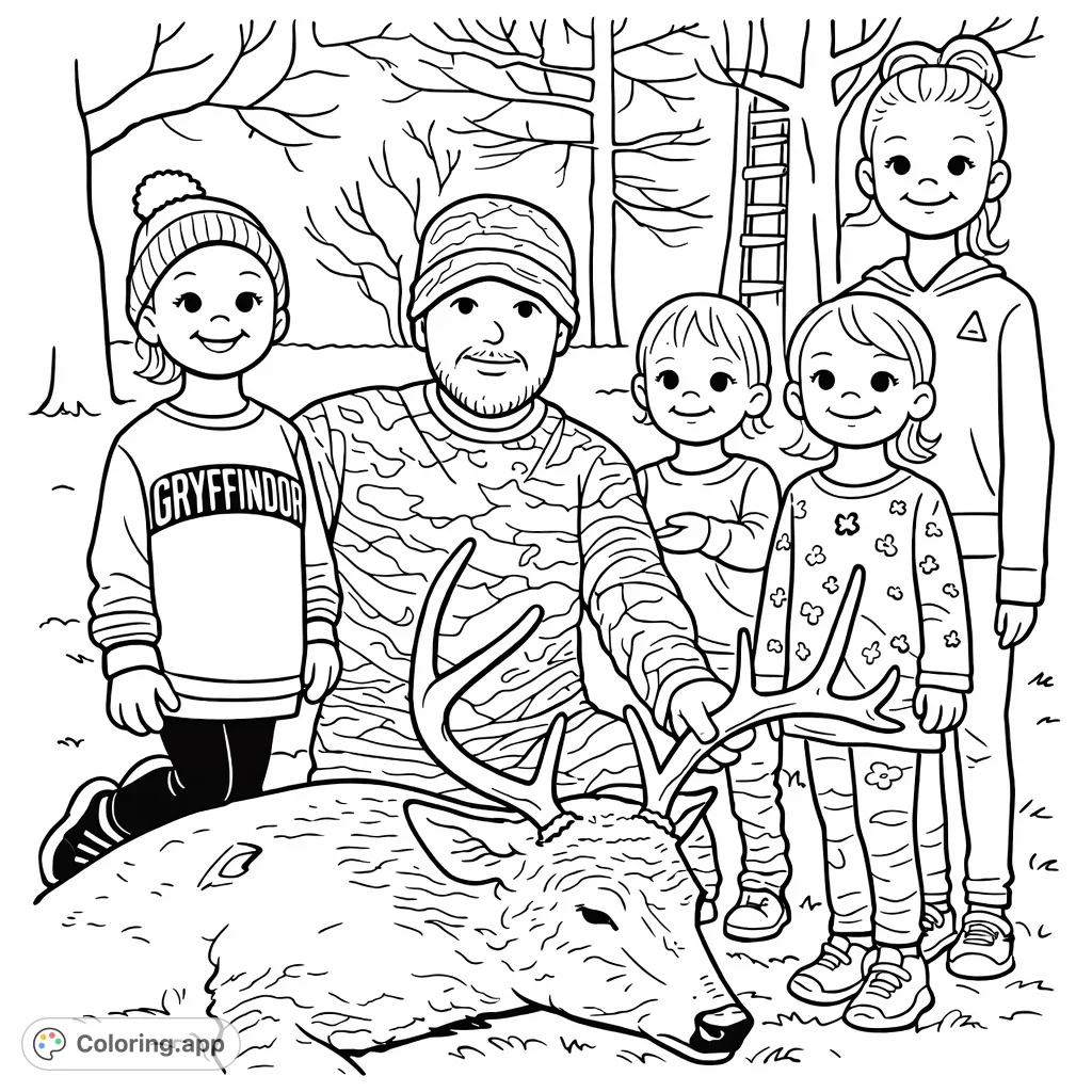 An outdoor scene featuring a hunter, a large deer with antlers, and four children. A simple, cartoony design perfect for a fun coloring activity.