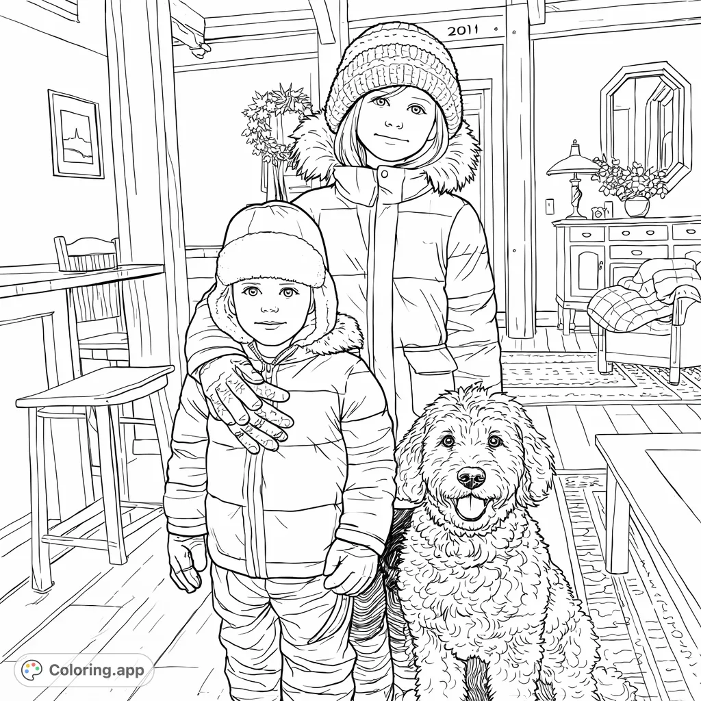 A heartwarming winter scene featuring two children bundled in their winter gear, joined by their cheerful, fluffy dog indoors. A delightful family portrait for coloring fun!