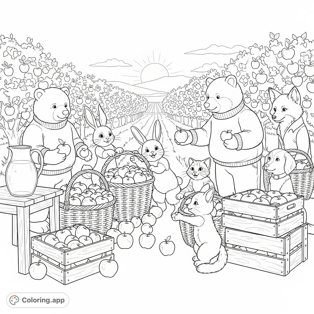 A heartwarming orchard harvest scene with animal friends, overflowing apple baskets, and a cider jug. Perfect for all ages!
